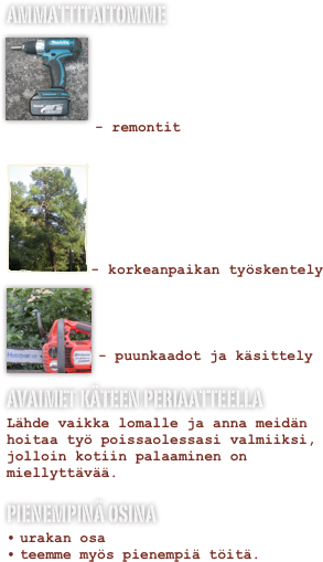 ammattitaitomme
￼



- remontit
￼- korkeanpaikan työskentely
￼


- puunkaadot ja käsittely
avaimet käteen periaatteella
Lähde vaikka lomalle ja anna meidän hoitaa työ poissaolessasi valmiiksi, jolloin kotiin palaaminen on miellyttävää.
pienempinä osina
urakan osa
teemme myös pienempiä töitä.